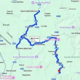 Map showing a winding blue route through Italian towns and mountain passes, with a car icon indicating travel time.