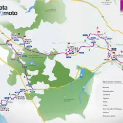 Mappa del tour "Basilicata in moto" da Maratea a Scanzano Jonico, con itinerario e punti di interesse lungo il mar Tirreno e il mar Ionio.
