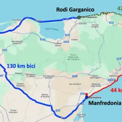 Mappa del Gargano con itinerari: 130 km in bici, 42 km in corsa e 44 km a nuoto. Ideale per un viaggio in moto!