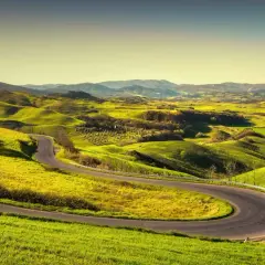 Strada volterrana serpeggiante tra dolci colline verdi sotto un cielo limpido.