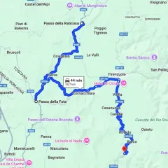 Map showing a winding blue route through Italian towns and mountain passes, with a car icon indicating travel time.