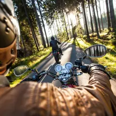 Due moto sfrecciano su una strada contessa Gubbio, immerse in un bosco baciato dal sole.