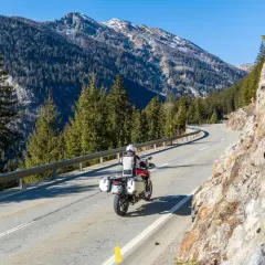 Un motociclista percorre una strada tortuosa in Valtellina, circondato da imponenti montagne e fitti boschi di conifere.