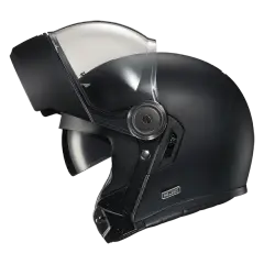 Casco nero con visiera sollevata, pronto per un viaggio senza mal di testa.