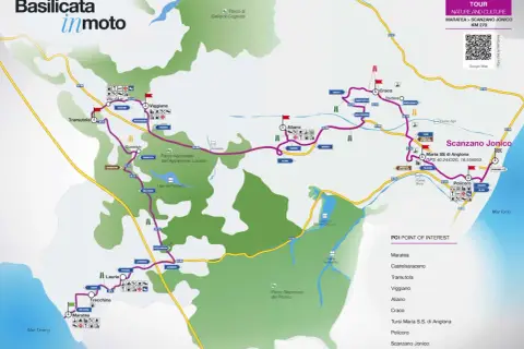 Mappa del tour "Basilicata in moto" da Maratea a Scanzano Jonico, con itinerario e punti di interesse lungo il mar Tirreno e il mar Ionio.