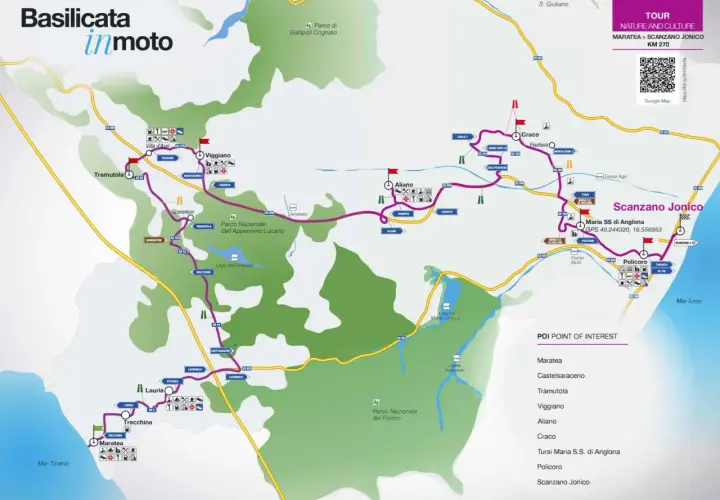 Mappa del tour "Basilicata in moto" da Maratea a Scanzano Jonico, con itinerario e punti di interesse lungo il mar Tirreno e il mar Ionio.
