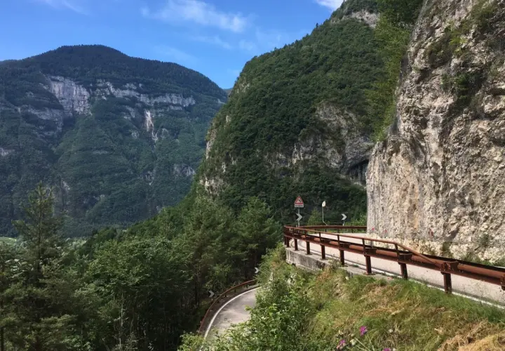 Strada panoramica sul Passo Manghen, con montagne verdi e un cielo azzurro.
