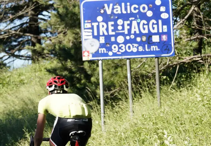 Ciclista in cima al valico Tre Faggi, 930 metri sul livello del mare, tra alberi e erba alta.
