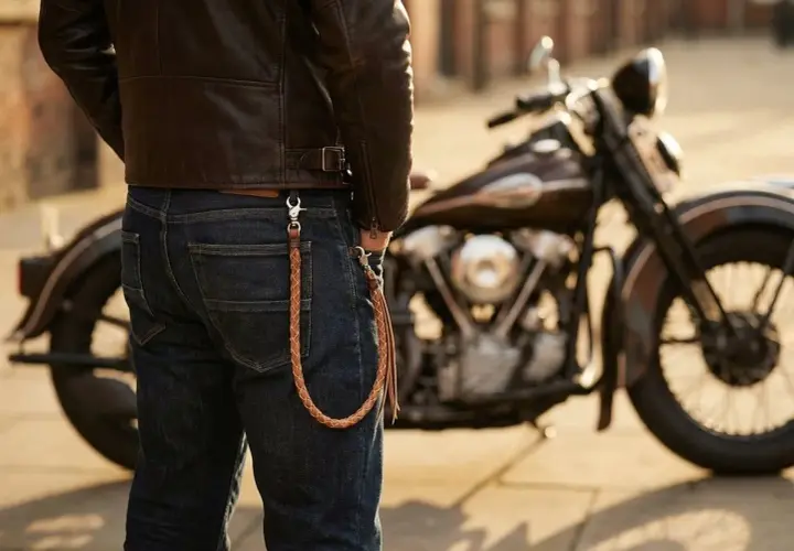 Un uomo in giacca di pelle e jeans, con una catena intrecciata al portafoglio, accanto a una moto. Ecco chi sono i bikers: liberi e con stile.