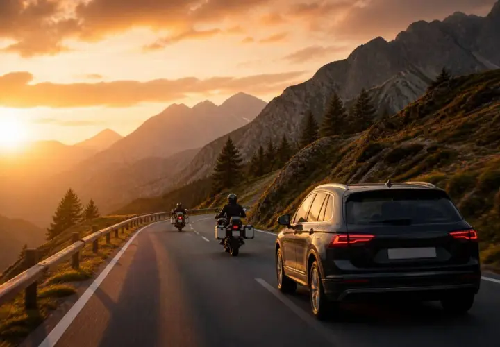 Due moto e un'auto percorrono la SS 439 al tramonto, tra montagne maestose e un cielo infuocato.