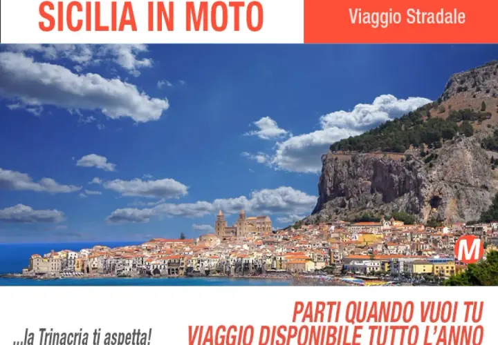 Panoramica di Cefalù e Taormina, con il mare blu e il cielo sereno. Un invito a partire per un viaggio in moto in Sicilia, disponibile tutto l'anno.