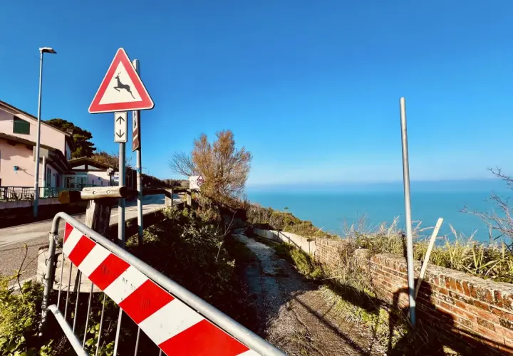 Panoramica Gabicce con segnale di pericolo cervi e mare azzurro. Strada sterrata con muretto in mattoni.