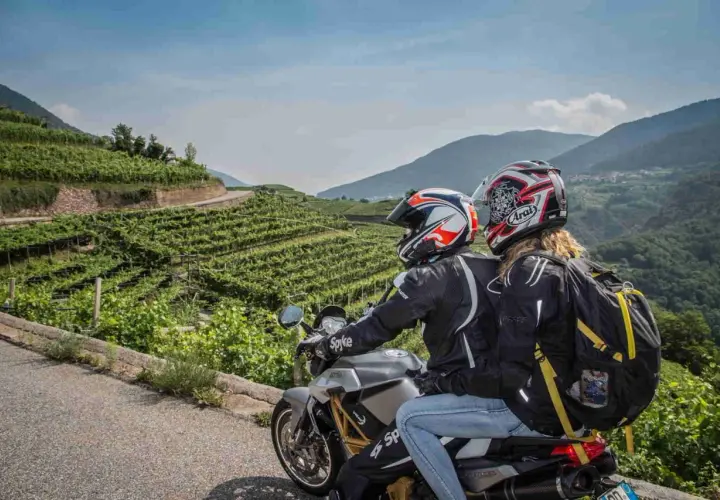 Coppia in moto esplora il Cilento tra vigneti terrazzati e montagne verdi. Un'avventura panoramica.