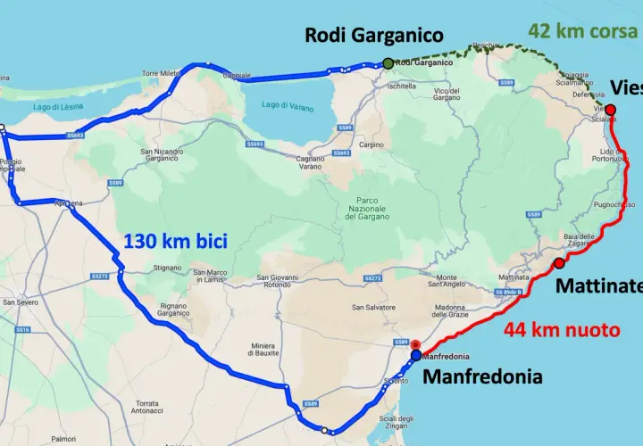 Mappa del Gargano con itinerari: 130 km in bici, 42 km in corsa e 44 km a nuoto. Ideale per un viaggio in moto!