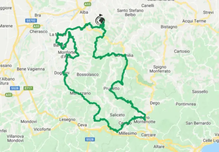 Percorso di un giro in moto in Lombardia per mezza giornata, con tappe tra Monforte d'Alba, Bossolasco e Millesimo.