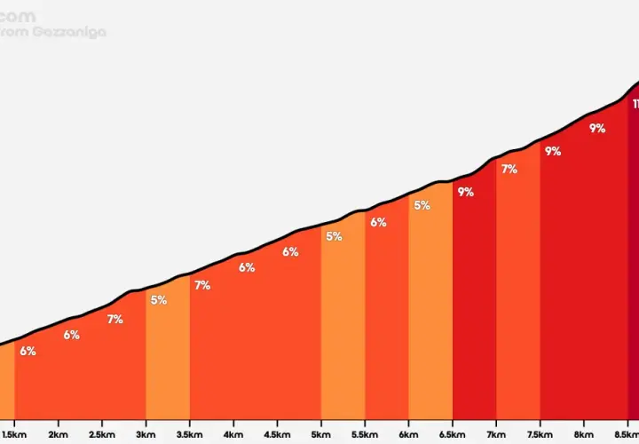 Profilo altimetrico del Passo di Ganda da Gazzaniga, con pendenze variabili dal 5% all'11%.
