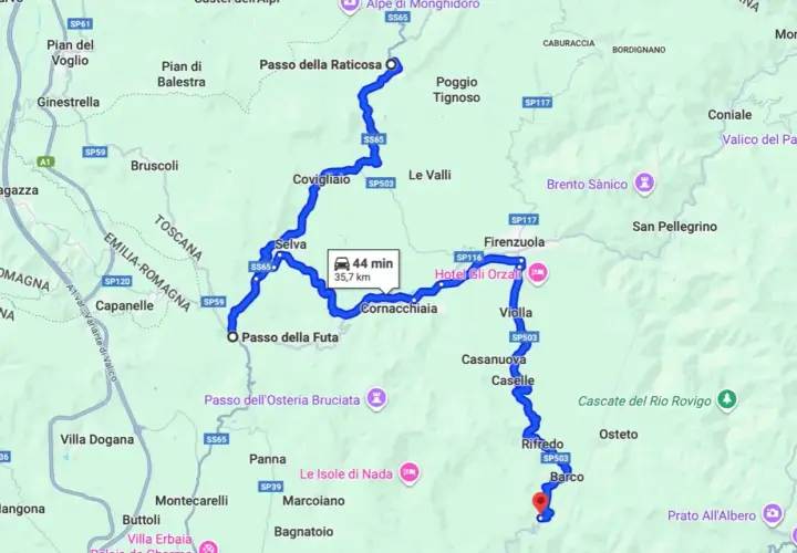 Map showing a winding blue route through Italian towns and mountain passes, with a car icon indicating travel time.