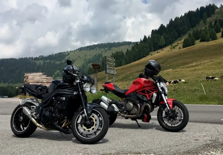 Due moto, una nera e una rossa, parcheggiate sul ciglio della strada al passo Castrin. Mucche al pascolo sullo sfondo di un prato verde e alberi.
