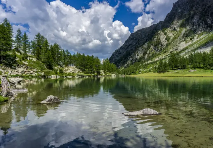 Un lago alpino tranquillo riflette il cielo nuvoloso e le montagne boscose. Un paesaggio mozzafiato dei laghi della Valle d'Aosta.