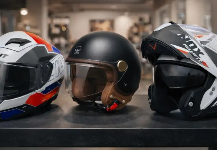 Tre caschi da moto: uno bianco con grafiche rosse e blu, uno nero vintage con dettagli in pelle, e uno bianco e nero sportivo. Snell e1.