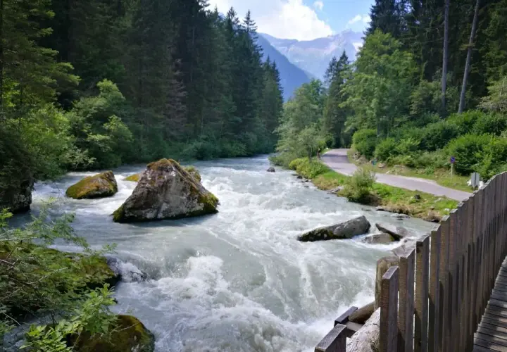Fiume impetuoso tra rocce e boschi, con una strada serpeggiante e montagne sullo sfondo, ricorda le cascate del Nardis.