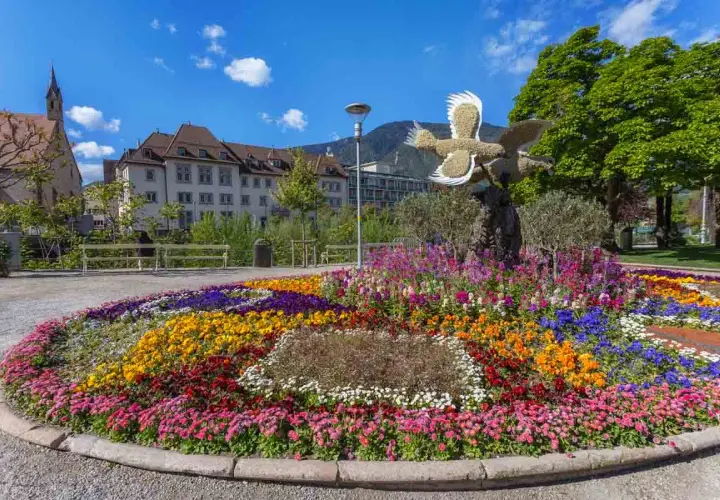 Merano cosa vedere: un'aiuola fiorita coloratissima con un uccello decorativo, edifici storici e montagne sullo sfondo.