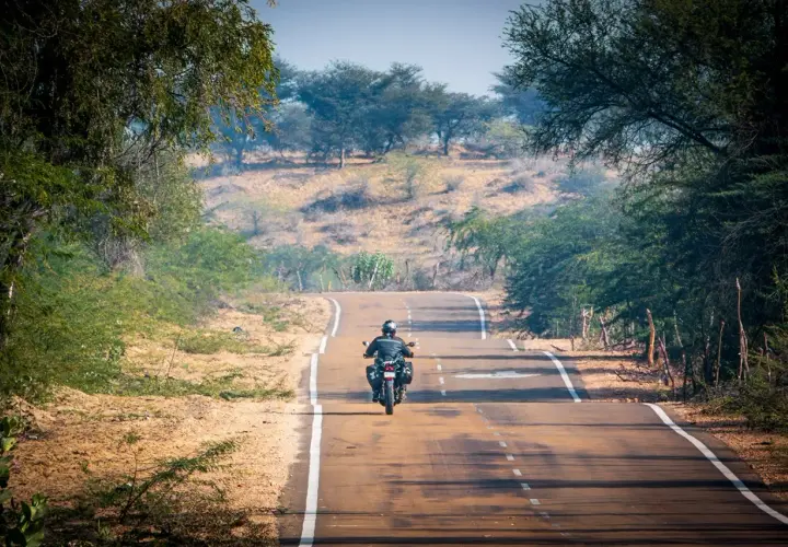 Un motociclista solitario affronta una strada tortuosa, immerso in un paesaggio arido e verdeggiante. Le sue gite in moto lo portano verso l'orizzonte.