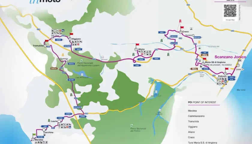 Mappa del tour "Basilicata in moto" da Maratea a Scanzano Jonico, con itinerario e punti di interesse lungo il mar Tirreno e il mar Ionio.