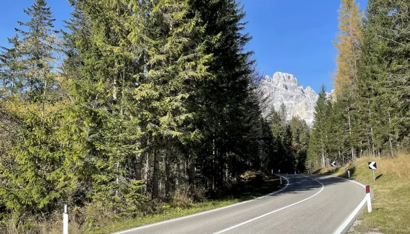 Strada panoramica che sale verso il passo Monte Croce, circondata da fitti boschi di conifere e con vette rocciose sullo sfondo.