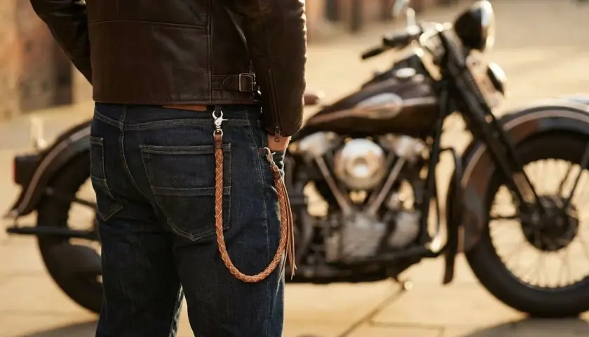 Un uomo in giacca di pelle e jeans, con una catena intrecciata al portafoglio, accanto a una moto. Ecco chi sono i bikers: liberi e con stile.