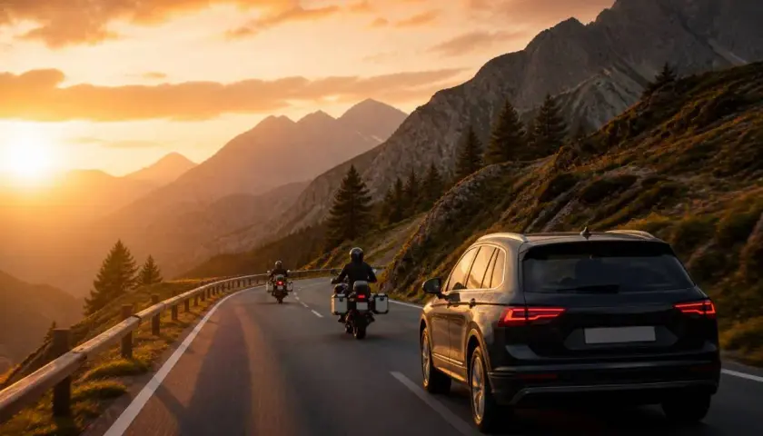 Due moto e un'auto percorrono la SS 439 al tramonto, tra montagne maestose e un cielo infuocato.