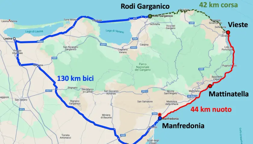 Mappa del Gargano con itinerari: 130 km in bici, 42 km in corsa e 44 km a nuoto. Ideale per un viaggio in moto!
