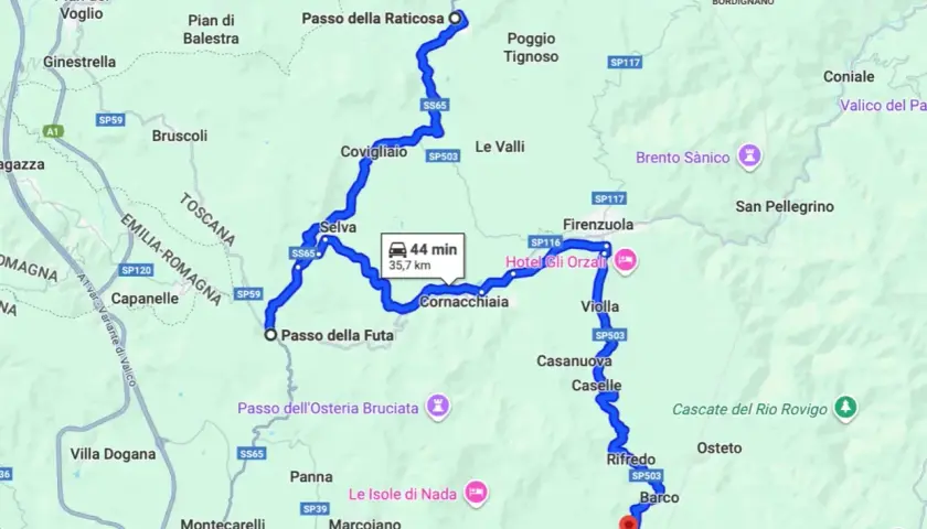 Map showing a winding blue route through Italian towns and mountain passes, with a car icon indicating travel time.