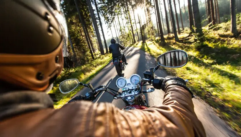 Due moto sfrecciano su una strada contessa Gubbio, immerse in un bosco baciato dal sole.