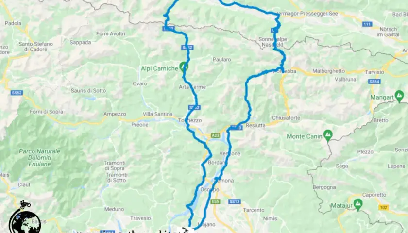 Mappa del percorso motociclistico attraverso le Alpi Carniche, con tappe a Tolmezzo, Tarvisio e il passo del Pramollo.