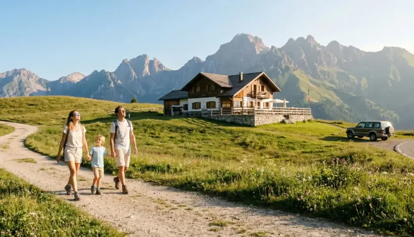 Famiglia passeggia su strade sterrate percorribili in moto in Lombardia, con rifugio alpino e montagne sullo sfondo.