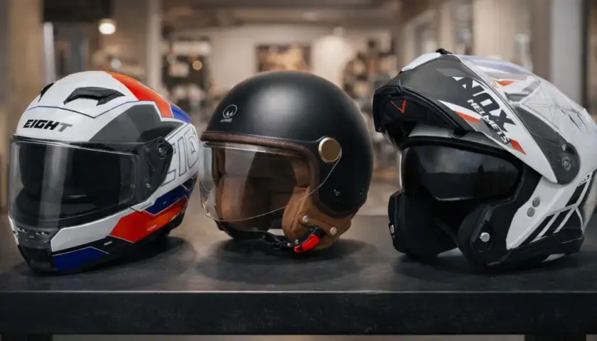 Tre caschi da moto: uno bianco con grafiche rosse e blu, uno nero vintage con dettagli in pelle, e uno bianco e nero sportivo. Snell e1.