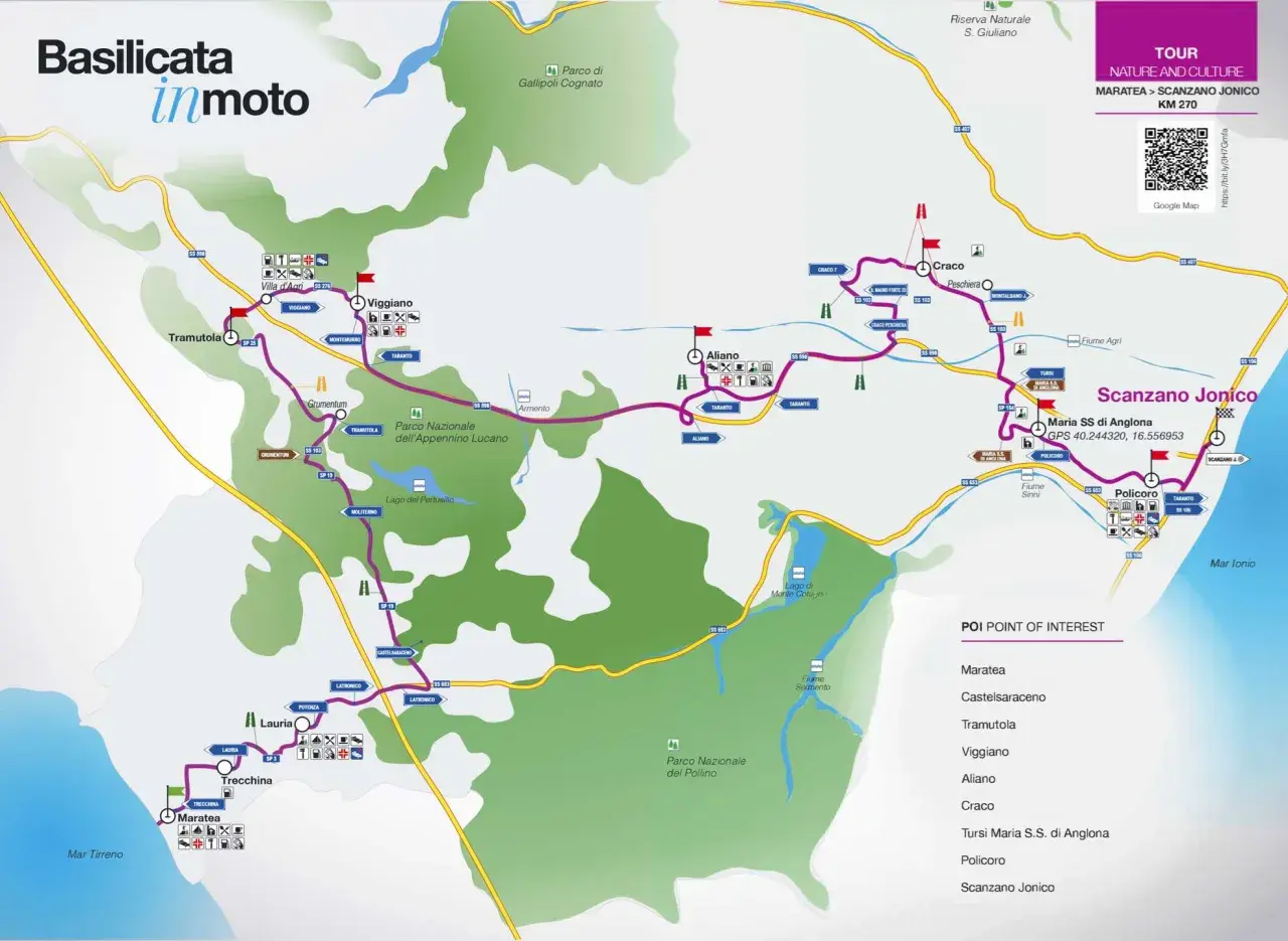 Mappa del tour "Basilicata in moto" da Maratea a Scanzano Jonico, con itinerario e punti di interesse lungo il mar Tirreno e il mar Ionio.