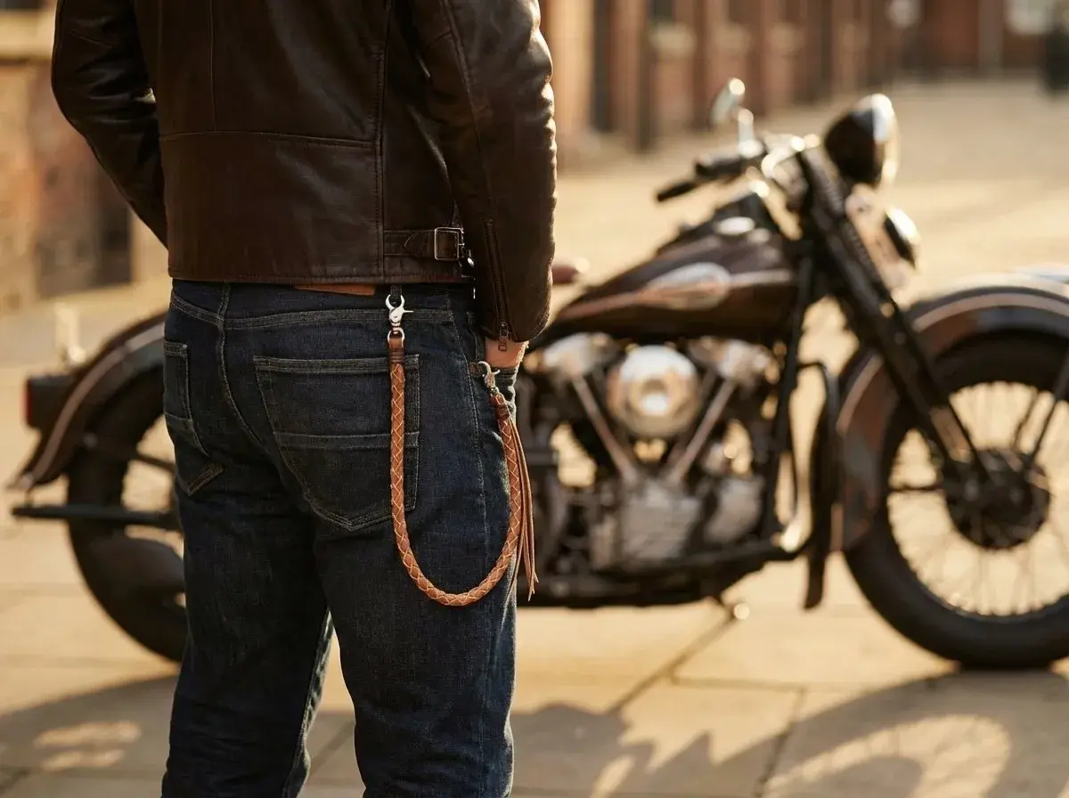 Un uomo in giacca di pelle e jeans, con una catena intrecciata al portafoglio, accanto a una moto. Ecco chi sono i bikers: liberi e con stile.