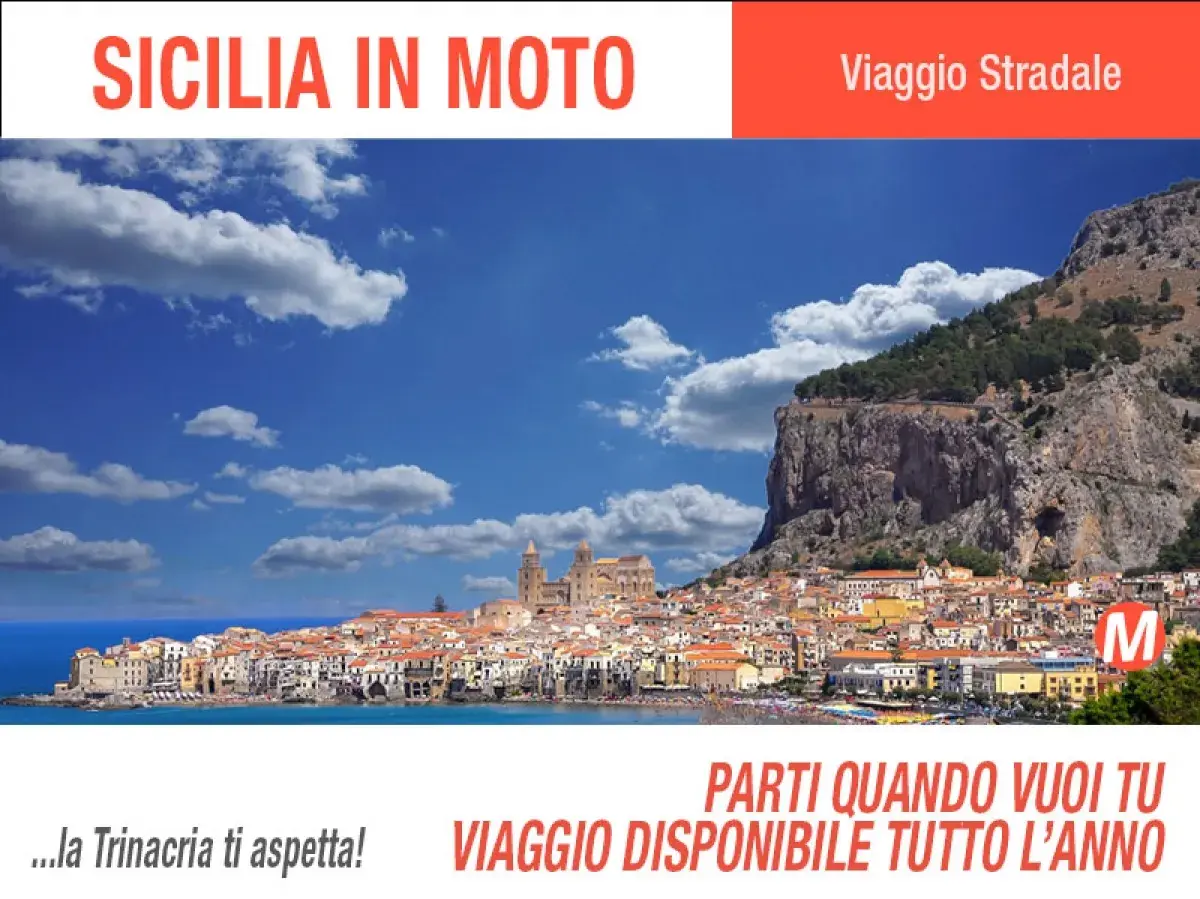 Panoramica di Cefalù e Taormina, con il mare blu e il cielo sereno. Un invito a partire per un viaggio in moto in Sicilia, disponibile tutto l'anno.