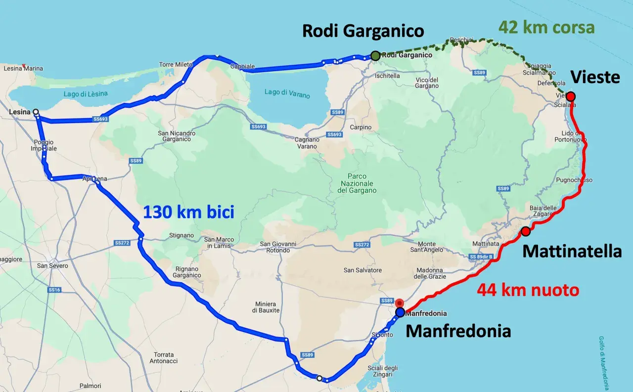 Mappa del Gargano con itinerari: 130 km in bici, 42 km in corsa e 44 km a nuoto. Ideale per un viaggio in moto!