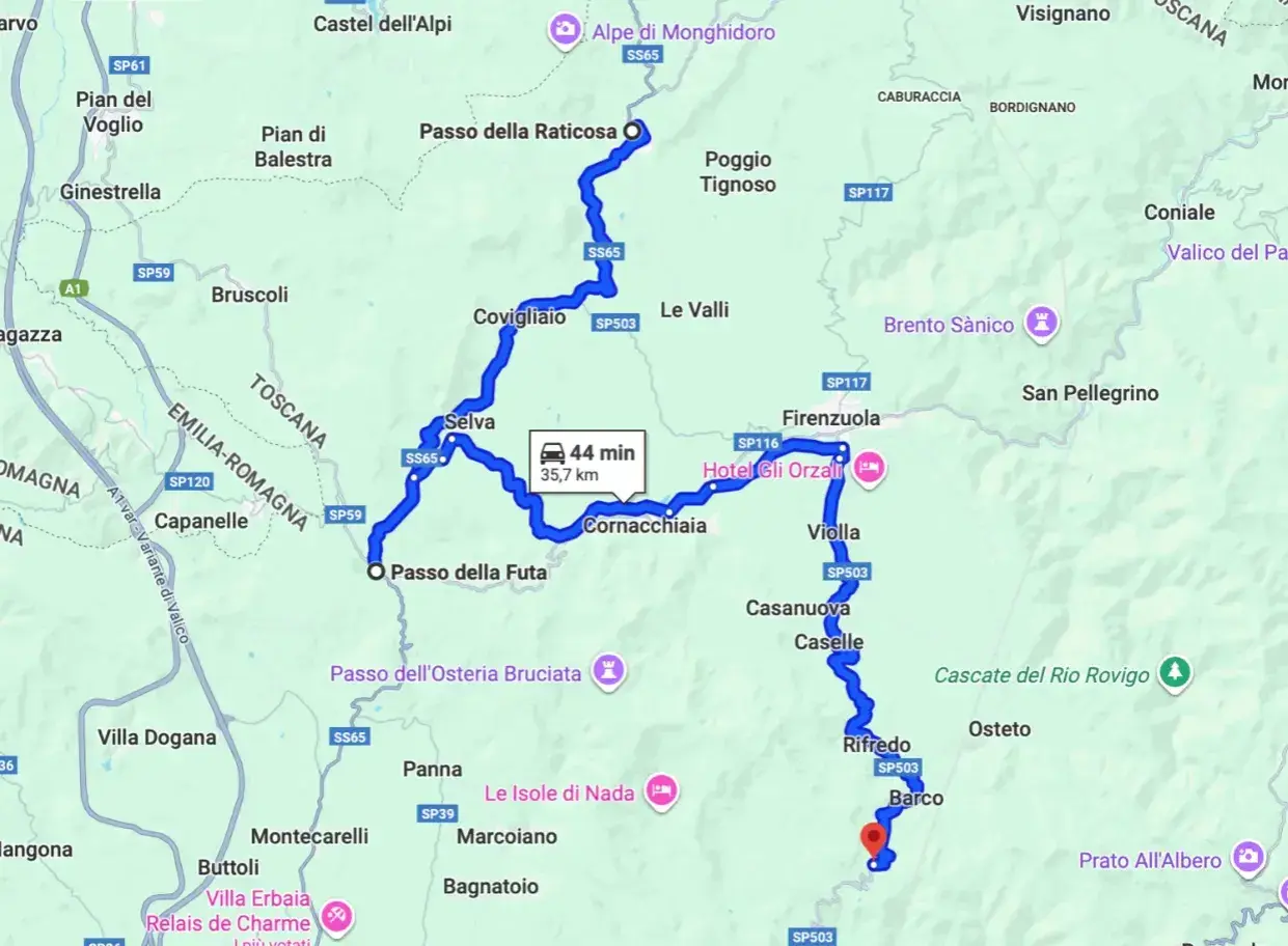 Map showing a winding blue route through Italian towns and mountain passes, with a car icon indicating travel time.