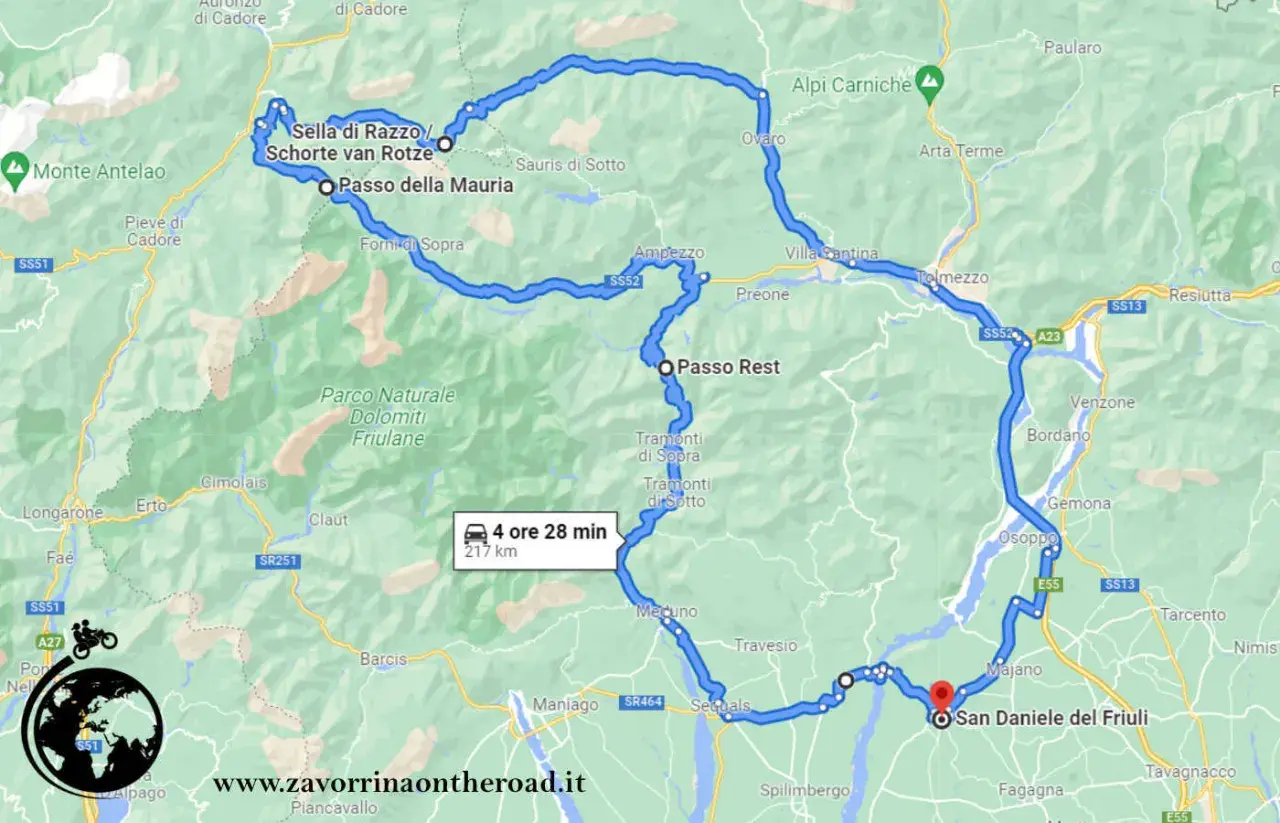 Mappa di un itinerario in moto che include il Passo della Mauria, con tappe a Sella di Razzo, Forni di Sopra e San Daniele del Friuli.
