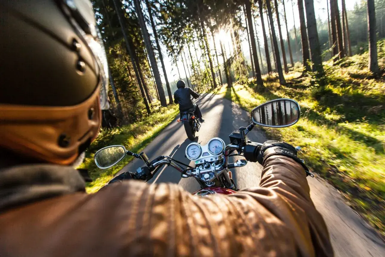 Due moto sfrecciano su una strada contessa Gubbio, immerse in un bosco baciato dal sole.