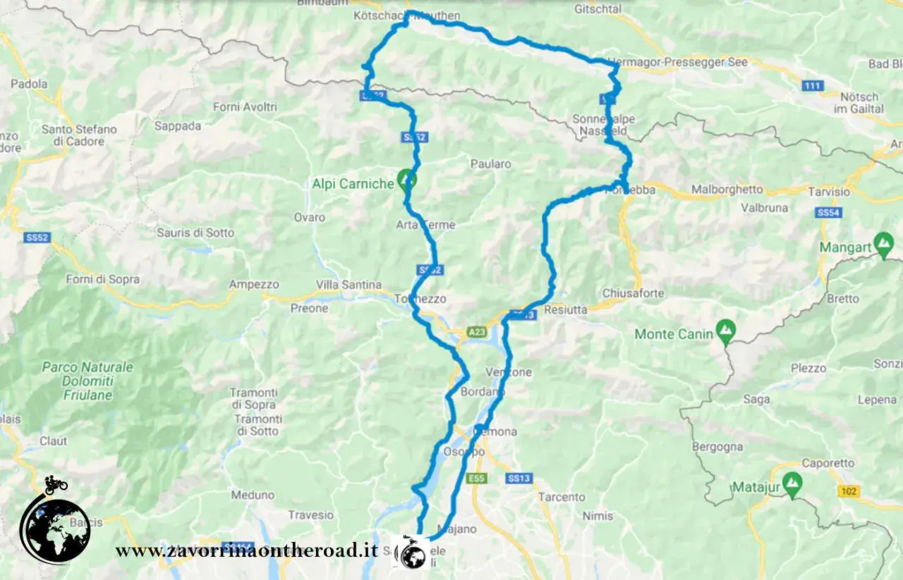 Mappa del percorso motociclistico attraverso le Alpi Carniche, con tappe a Tolmezzo, Tarvisio e il passo del Pramollo.