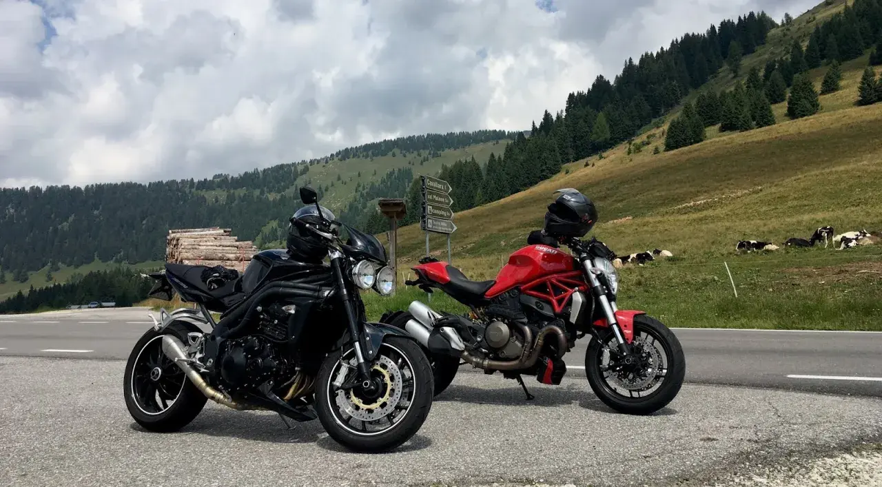 Due moto, una nera e una rossa, parcheggiate sul ciglio della strada al passo Castrin. Mucche al pascolo sullo sfondo di un prato verde e alberi.