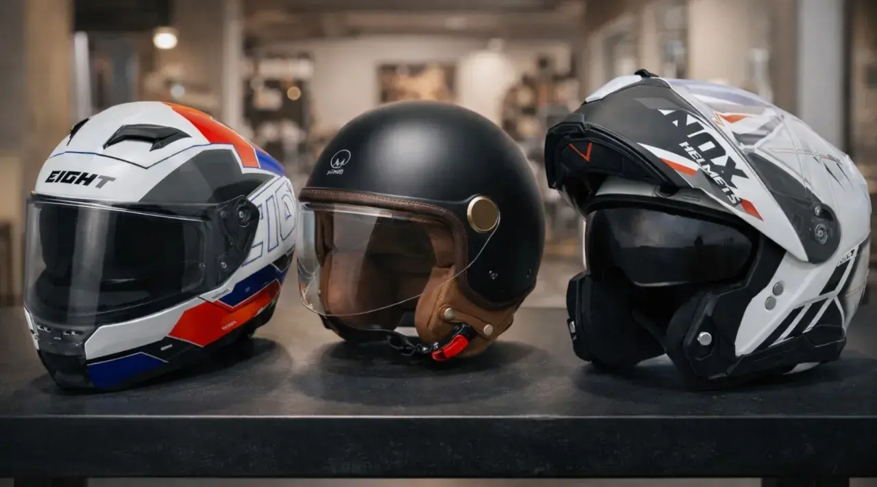 Tre caschi da moto: uno bianco con grafiche rosse e blu, uno nero vintage con dettagli in pelle, e uno bianco e nero sportivo. Snell e1.