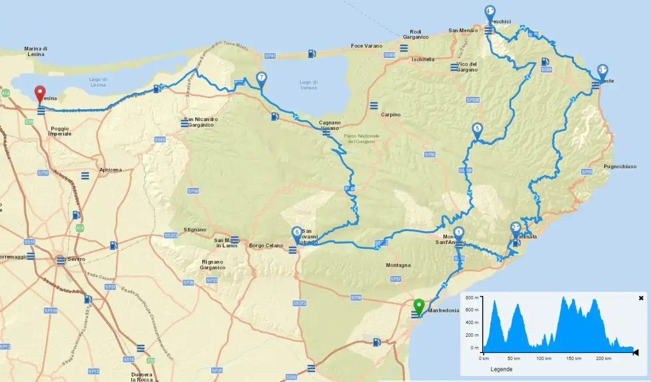 Mappa del Gargano con itinerario in moto, da Lesina a Manfredonia, passando per laghi e montagne.