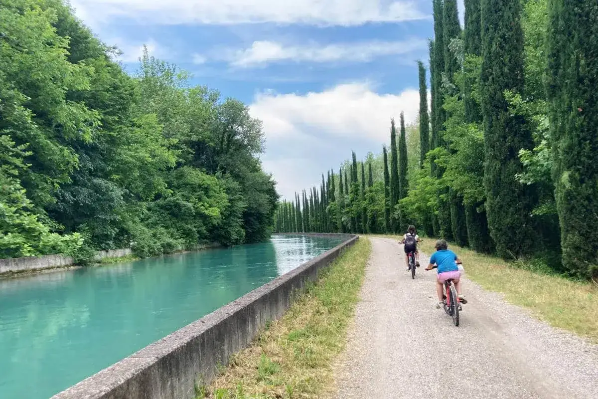 Bambini in bicicletta lungo il fiume Mincio, con cipressi slanciati e vegetazione lussureggiante.