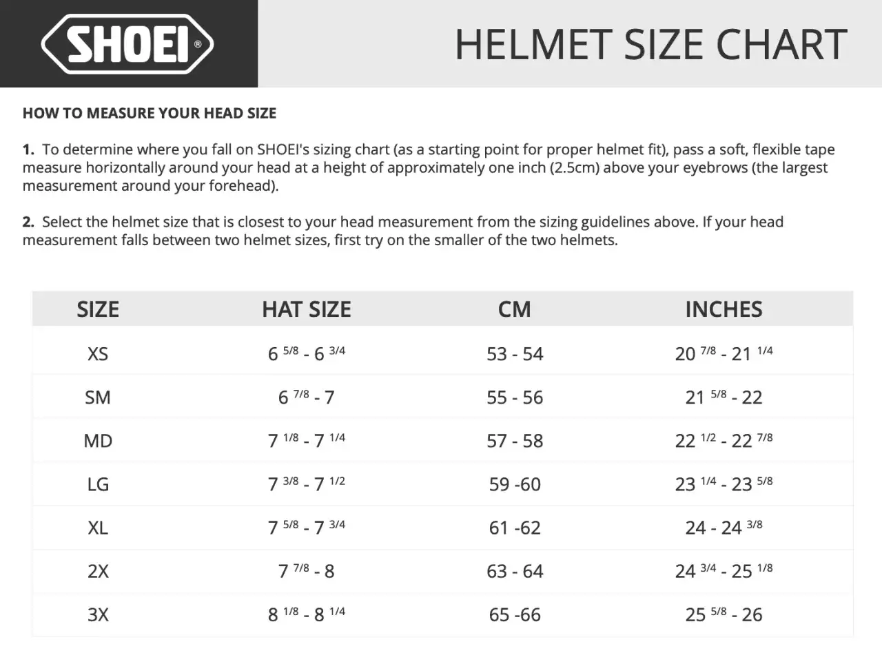 Tabella taglie Shoei: taglia XS casco corrisponde a circonferenza testa 53-54 cm (20 7/8 - 21 1/4 pollici).